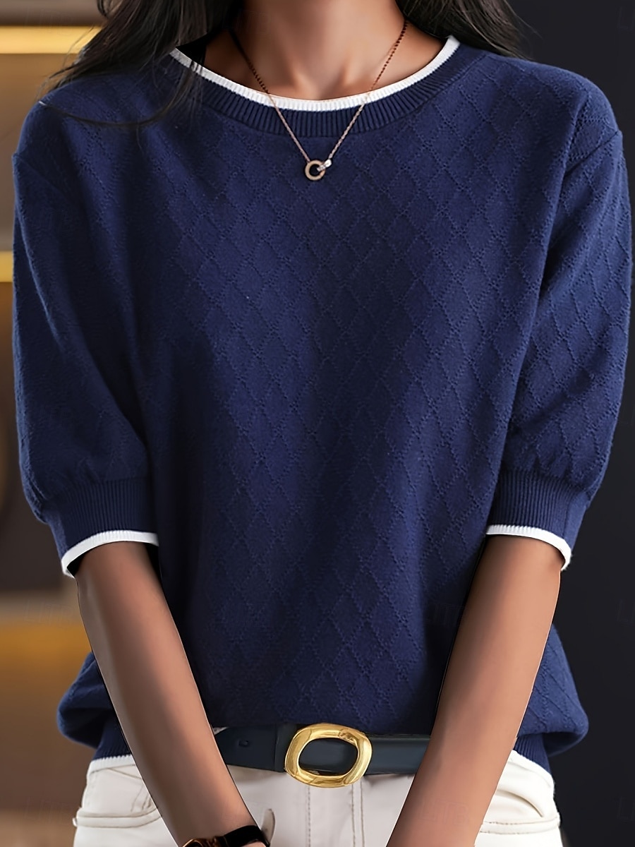 Dame Skjorte Bluse Helfarge Stilfull Fritid 3/4 ermer Crew-hals Vanlige topper Daglig Lapper Blå Sommer Vår 2025 - $31.99 –P2