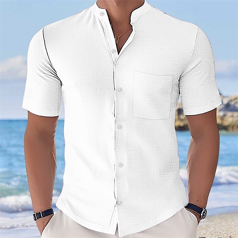 Men's Shirt Summer Shirt Casual Shirt Beach Shirt Button Up Shirt Black White Yellow Pink Sky Blue Short Sleeve Plain Grandad Collar Stand Collar Vacation Hawaiian Buttons Clothing Apparel Fashion 2025 - $21.99 –P2