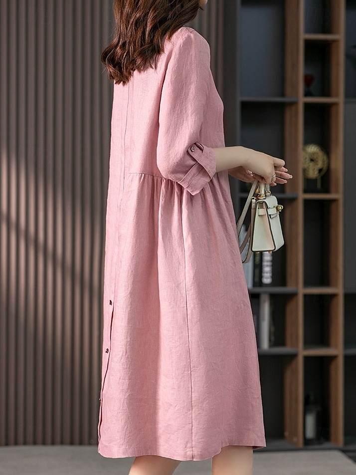 Per donna Vestito longuette Abito casual Abito in cotone e lino Abito linea A Essenziale Informale Da mare Giornaliero Standard Liscio Manica a 3/4 Colletto Rosa Verde Estate Primavera Autunno del 2025 a $35.99 –P3