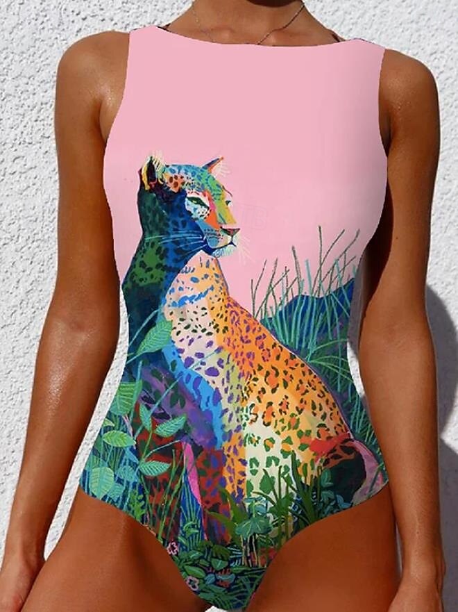 Damernas baddräkter Helfärgad monokini baddräkt rygglös magkontroll hög midja slim semester strandkläder djur rund hals ärmlös baddräkt 2025 - $28.99 –P1