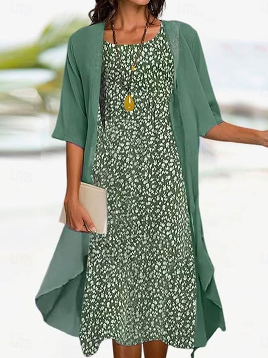 Abschlusskleider Midi Kleid Chiffon Kleid Shift Kleid elegant täglich lockere Passform floral halblange Ärmel Rundhals grün Sommer Frühling Herbst 2025 - $36.99 –P1