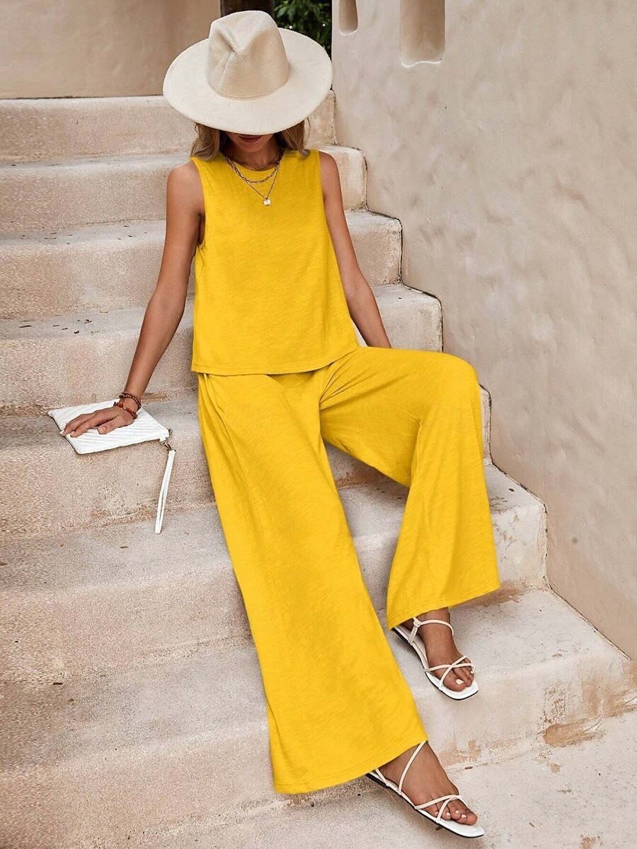 Women's Shirt Linen-feel Set Two Piece Sets Wide Leg Pants Sleeveless Crew Neck Plain Fashion Streetwear Daily Casual Daily Black Yellow Army Green Summer Regular Fit 2026 - $10.49 –P12