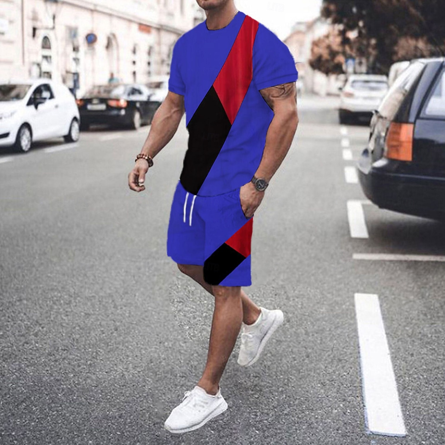Men's T-shirt Suits 2 Pieces Outfits Tee & Shorts Short Sleeve Crewneck Summer Color Block Fashion Casual 2 Piece Vacation Daily Wear Going out Black White Green Top Tee for Men 2025 - $25.99 –P1