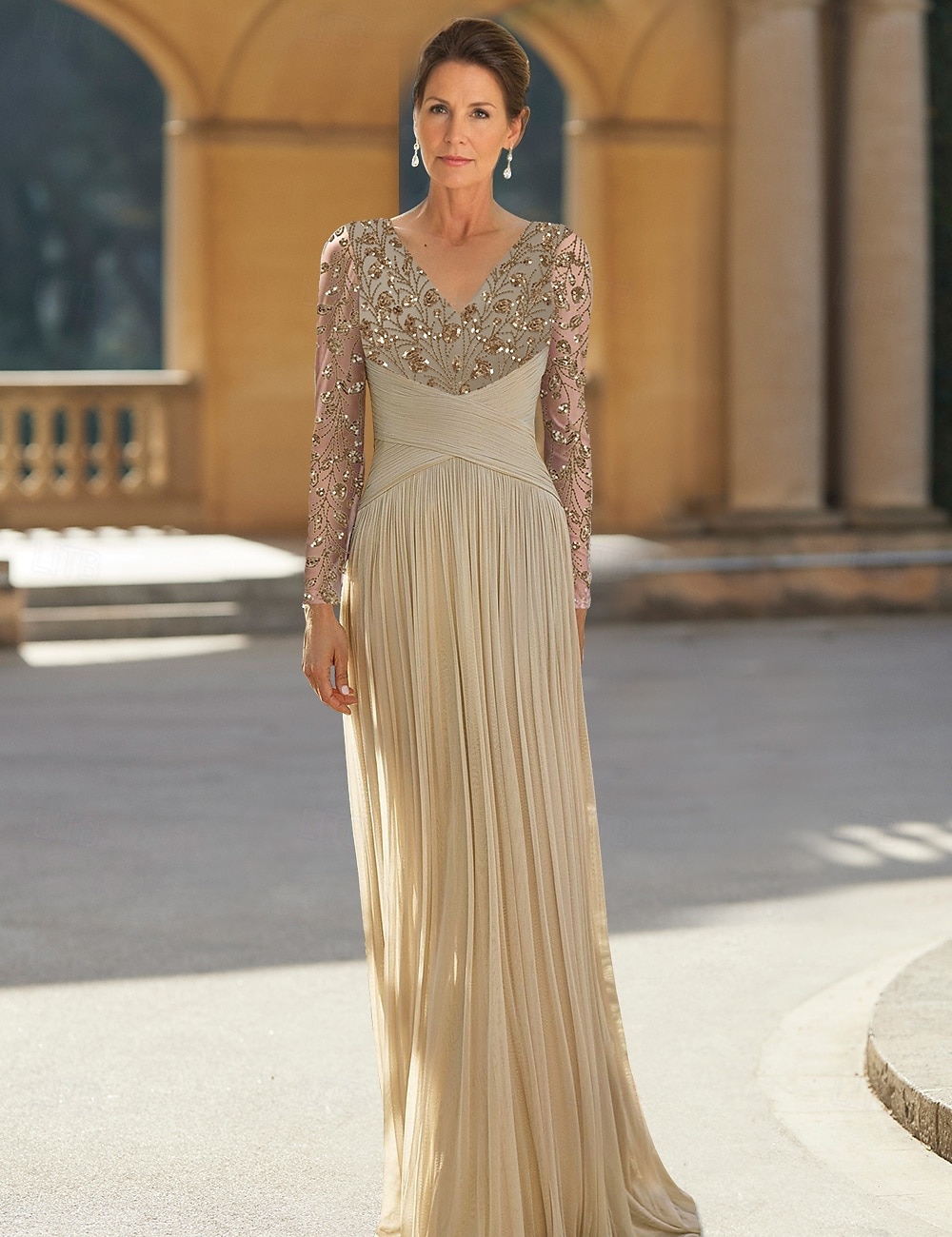 Vestido A-Línea Vestido de la Madre de la Novia Elegante Vintage Cuello en V Larga Chifón Manga Larga con Bordado de Lentejuelas de Flores 2025 - $170.99 –P1