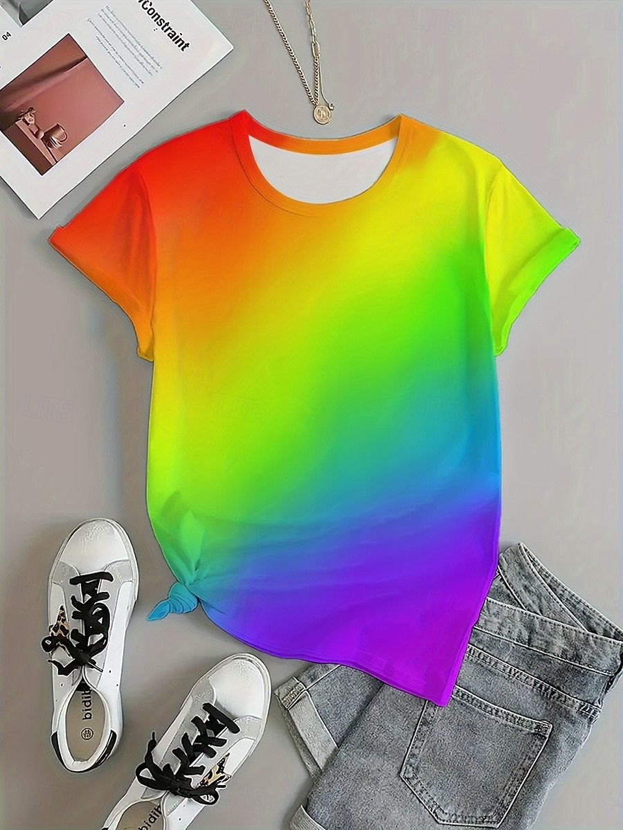 Pentru femei Tricou Ombre Casual Manșon scurt Rotund Topuri obișnuite Zilnic Imprimeu Curcubeu Vară 2025 - $19.99 –P2