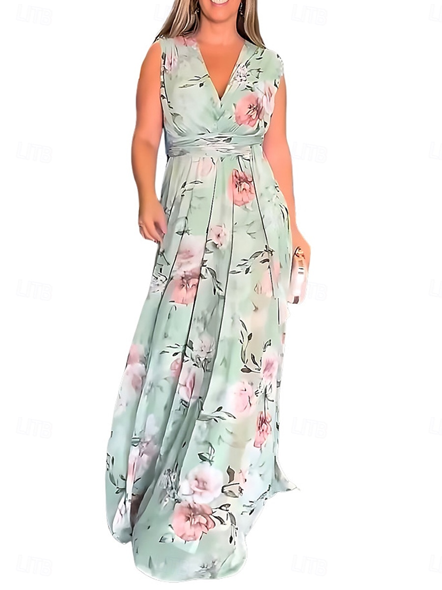 Women's Maxi Dress A Line Dress Summer Dress Stylish Casual Vacation Daily Regular Fit Floral Short Sleeve V Neck Light Green Sky Blue Light Blue Summer 2025 - $41.99 –P1