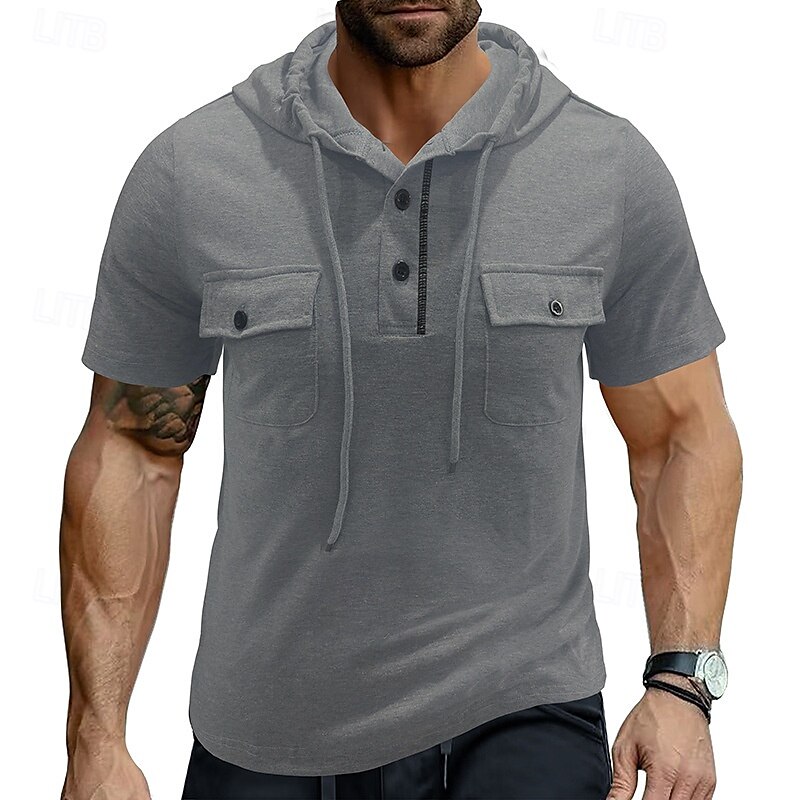 Men's T Shirt Henley Shirt Tee Short Sleeve Shirt Short Sleeve Hooded Henley Summer Spring Color Block Fashion Designer Basic Drawstring Vacation Street Going out Black Khaki Light Grey Top Tee for 2025 - $26.99 –P10