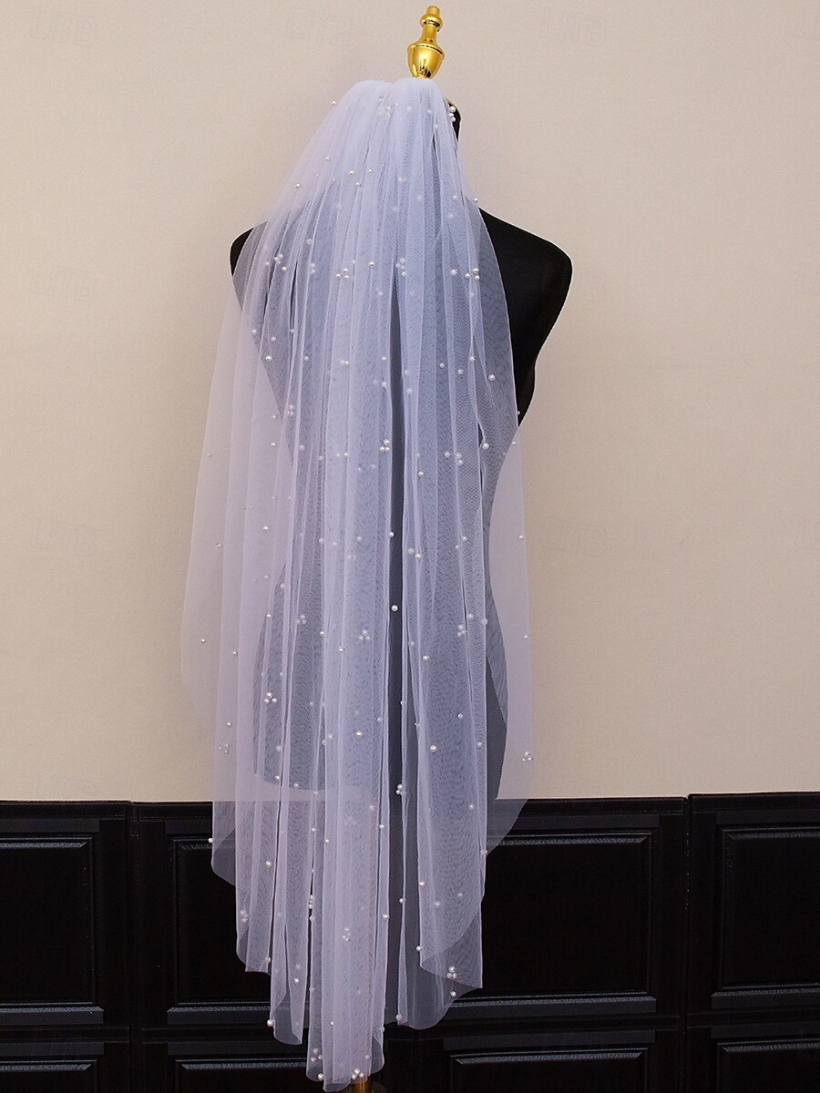 Voile de mariage contemporain  stylé à un niveau voiles jusqu'au coude avec tulle à perles synthétiques de 2025 ? $21.99 –P5