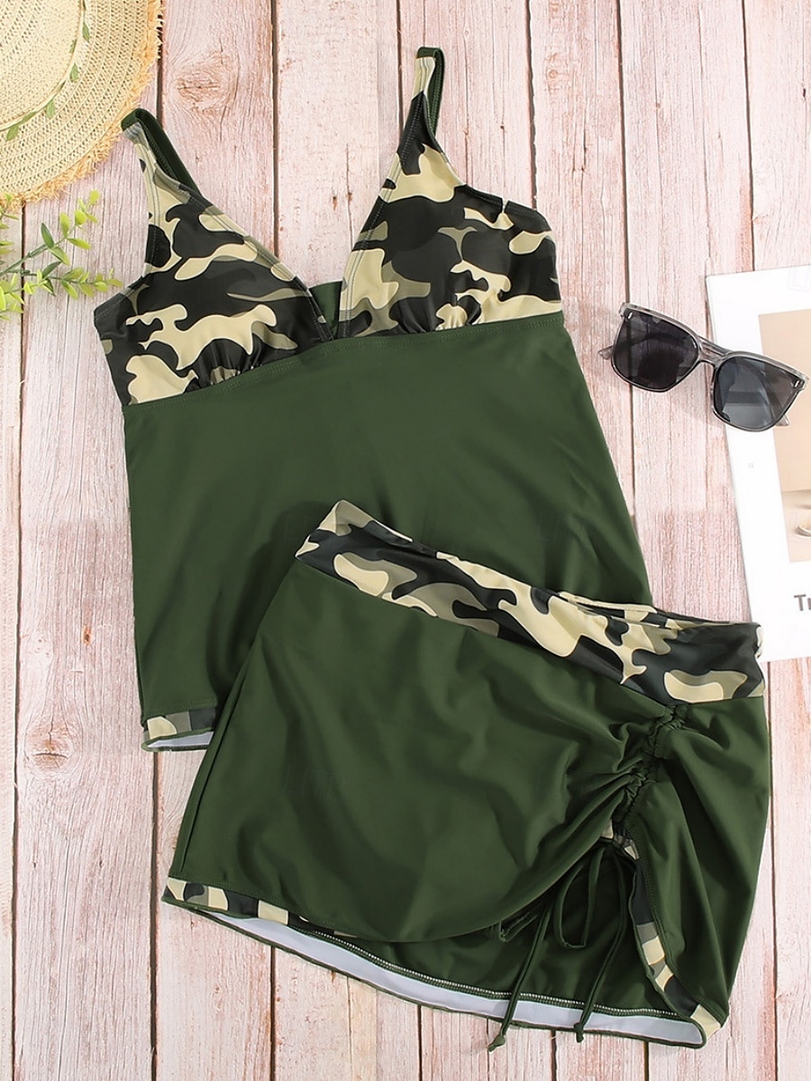 Dam Badkläder Tankini 2 st Kjol Baddräkt Öppen rygg Hög midja Semester Standkläder Leopard V-hals Ärmlös Baddräkter 2025 - $51.99 –P6