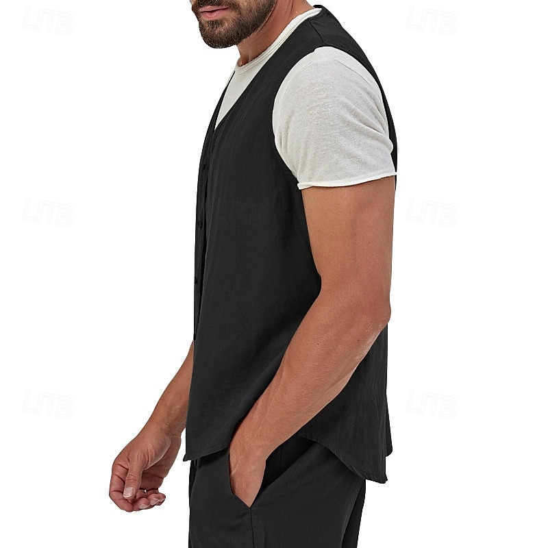בגדי ריקוד גברים וסט Gilet אפוד פשתן חופשה יומי פגישה (דייט) אופנתי יום יומי קיץ אביב כפתורים כיס פשתן נוח אחיד חזה יחיד כפתור יחיד צווארון V רגיל שחור צהוב ירוק בהיר כחול נייבי אֵפוֹד 2025 - $23.99 –P10
