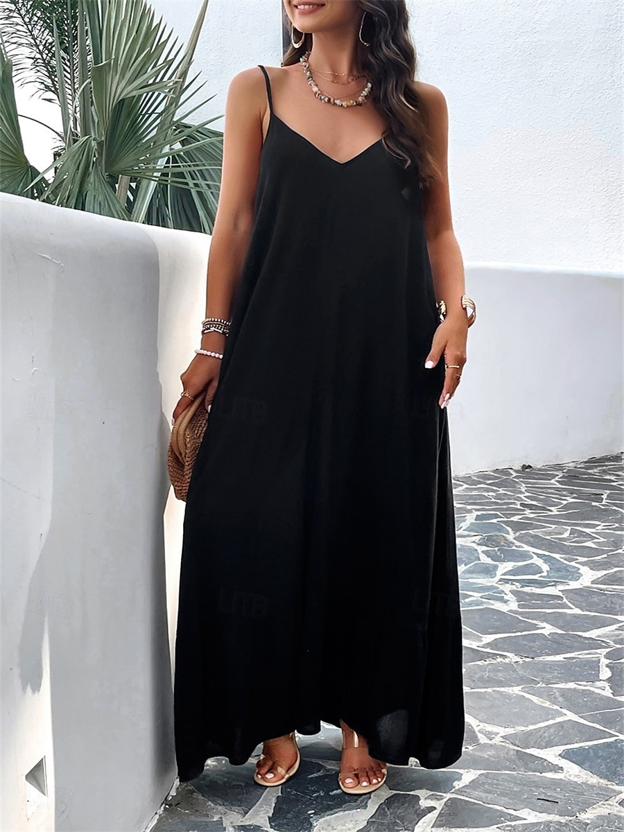 Damen Maxi Kleid Strandkleid Slip Kleid Urlaub Strandurlaub Unifarben Lässig Täglich Lockere Passform Grafik Ärmellos Träger Schwarz Rot Himmelblau Grün Sommer 2025 - $41.99 –P9