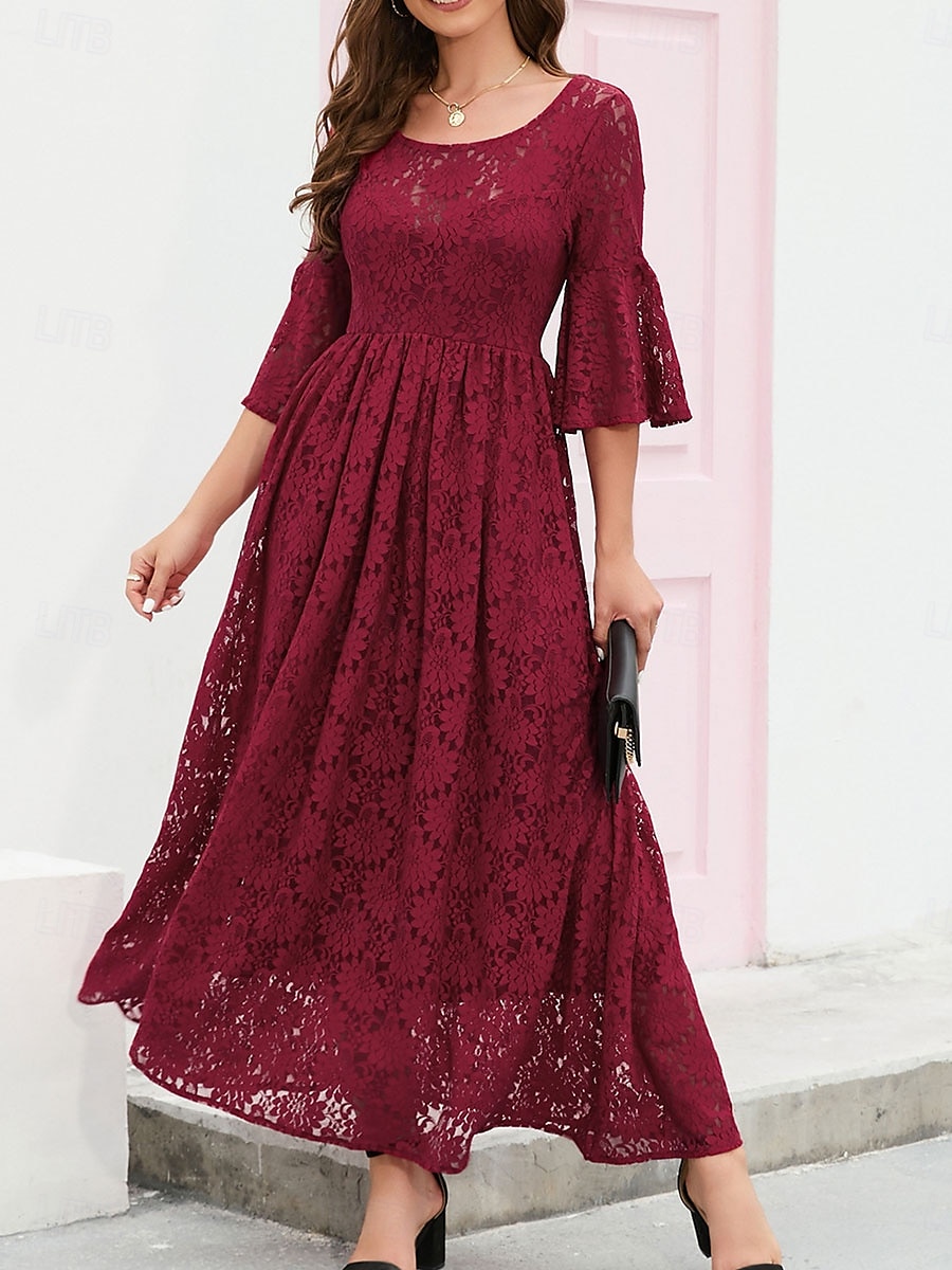 Damskie Sukienka midi Koronkowa sukienka Sukienka maxi Sukienka A line Elegancja Elegancki Codzienny Rozkloszowany rękaw Urlop Impreza Codzienny Regularny Równina Krótki rękaw Półgolf Czarny Wino 2025 - $46.99 –P2