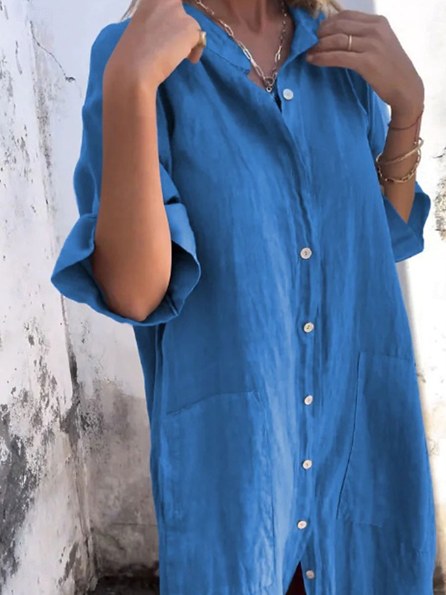 Damen Langes Kleid Maxikleid Baumwoll-Leinen-Kleider Hemdblusenkleid Freizeitkleid Basic Lässig Urlaub Lässig Täglich Lässiger Schnitt Einfach Halbarm Hemdkragen Blau Grün Khaki Grau Sommer Frühling 2025 - $32.99 –P6