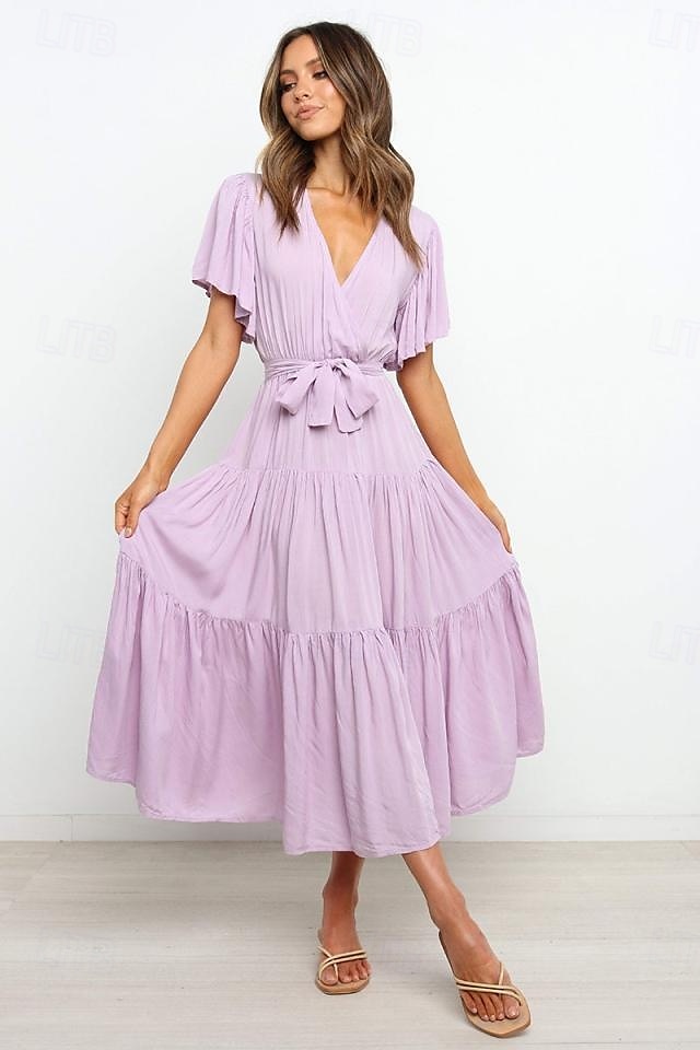 Damer Graduering Kjole Maxi Kjole Ensfarget A Linje Kjole Sommer Kjole Fest Klassisk Semi Formell Ferie Fest Arbeid Form Passform Grafisk Enkel Kort Erme V Utringning Svart Rosa Grønn Mørk Blå 2025 - $31.99 –P2