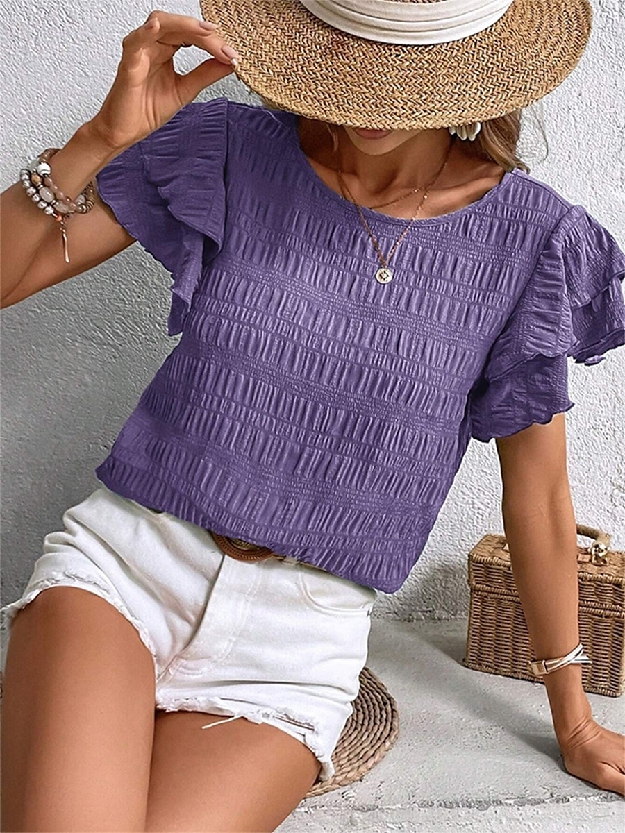 Women's Blouse Solid Color Elegant Daily Stylish Short Sleeve Crew Neck Regular Tops Daily Holiday Going out Ruffle Patchwork Sage Green Red Navy Blue Purple Green Summer Spring 2025 - $22.99 –P13