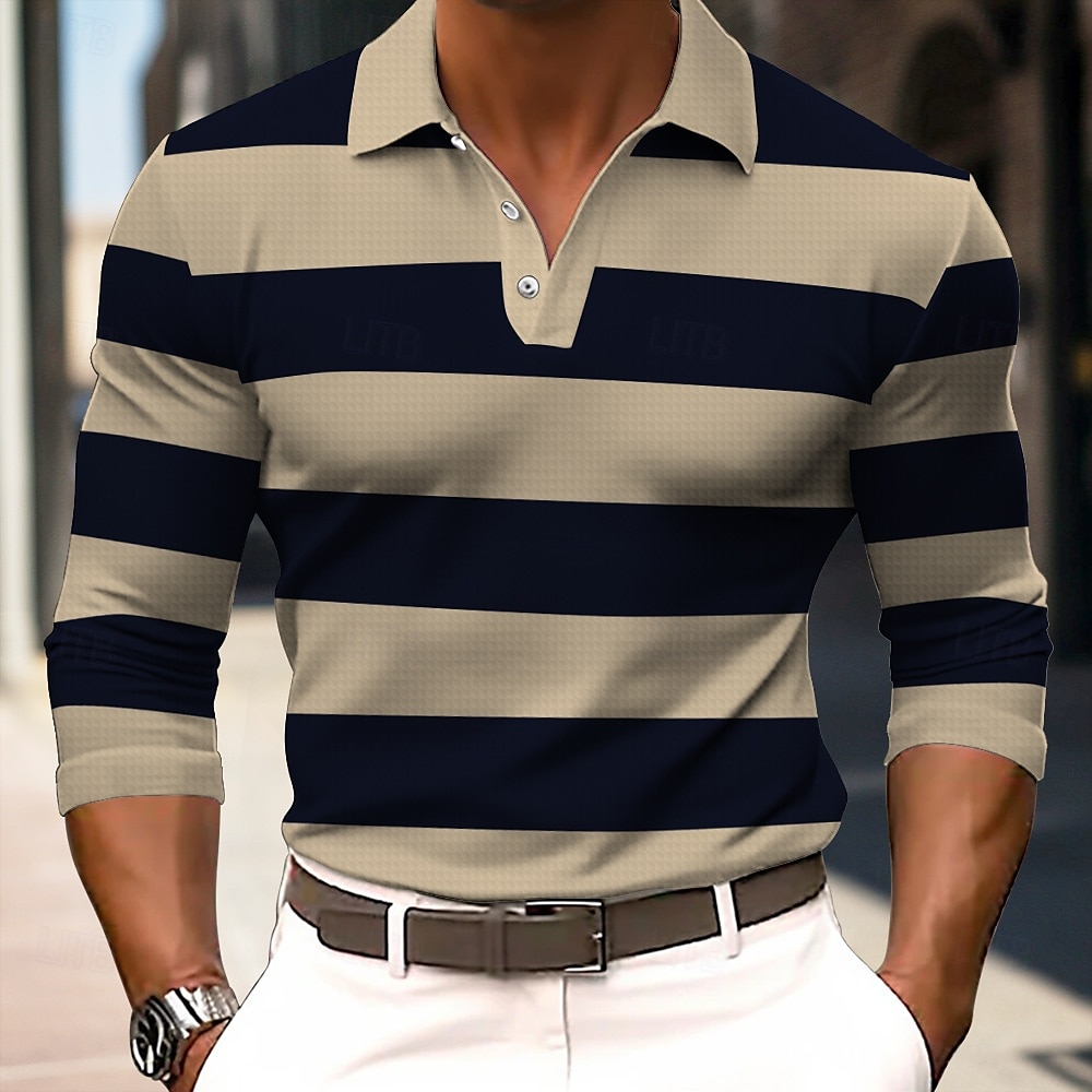 Men's Striped Rugby Polo Long Sleeve Polo Shirts Collared Shirts Sportswear Casual School Outdoor Office Daily Wear Buttons Spring Fall Winter White Blue Brown 2026 - $31.99 –P2