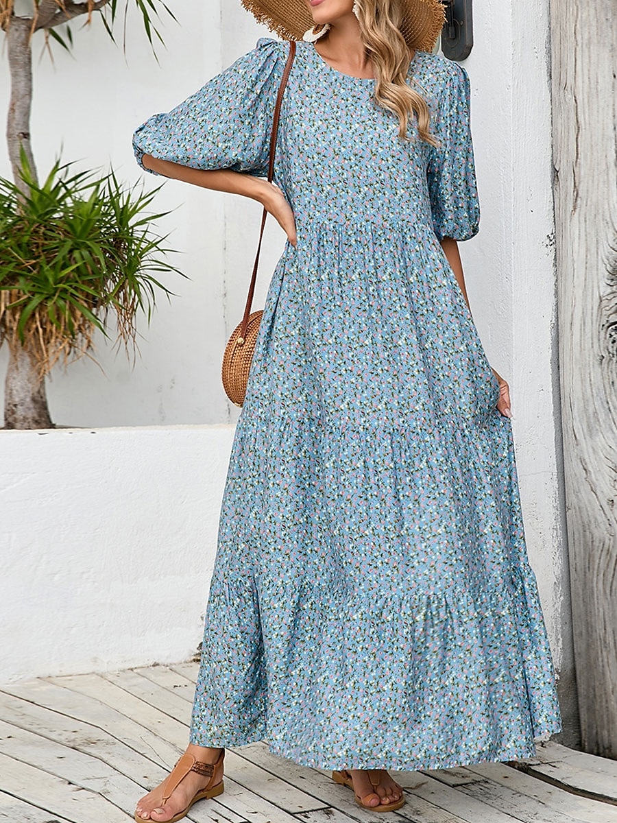 Women's Maxi Dress Puff Sleeve Dress Casual Lantern Sleeve Vacation Casual Daily Regular Fit Graphic 3/4 Length Sleeve Crew Neck Light Blue Summer 2025 - $36.99 –P7