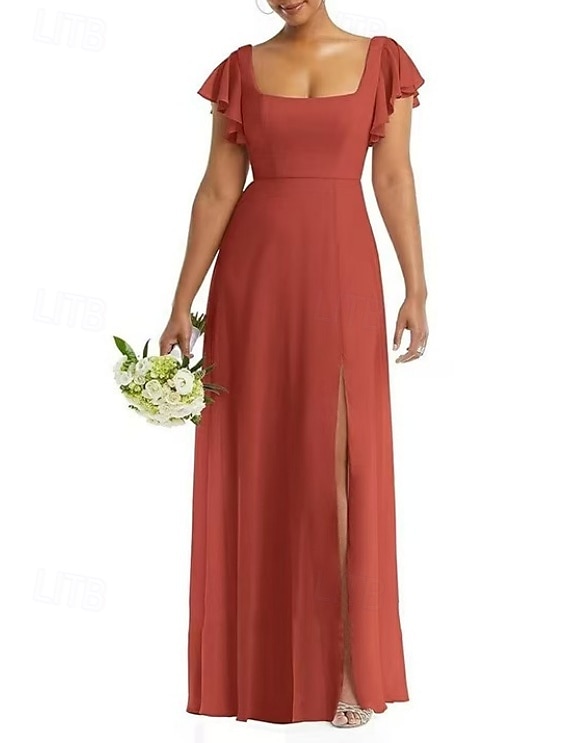 Linha A Vestido de Madrinha Scoop pescoço Manga Curta Elegante Longo Chiffon / Elastano com Fru-Fru / Pregueado / Fenda Frontal 2022 de 2025 por $155.99 –P4