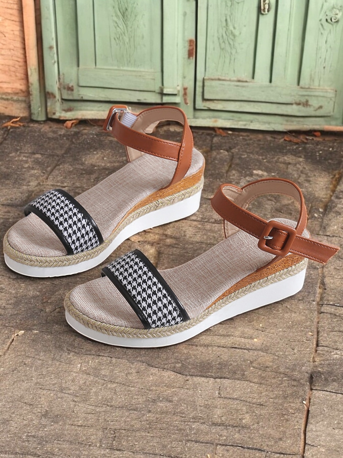 női houndstooth espadrille ékszandál bokapánttal – hétköznapi nyári platformszandál nyaraláshoz és mindennapi viselethez 2025 - $29.99 –P2