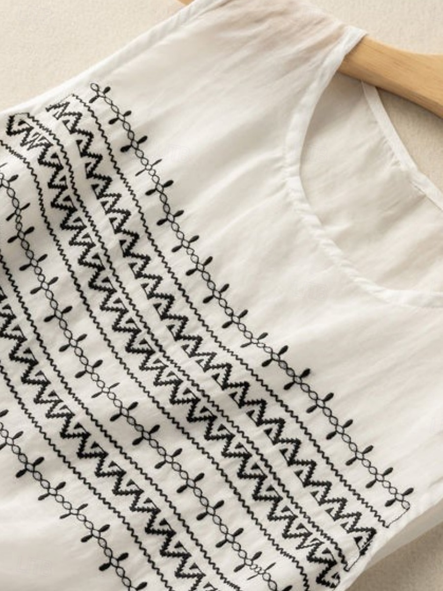 نسائي قميص قمصان قطنية كتان بلوزة كتان قطني صناعي طباعة هندسي أساسي كاجوال بدون كم رقبة عالية مدورة قمصان عادية مناسب للبس اليومي أبيض كاكي رمادي الصيف 2026 - $15.49 –P3