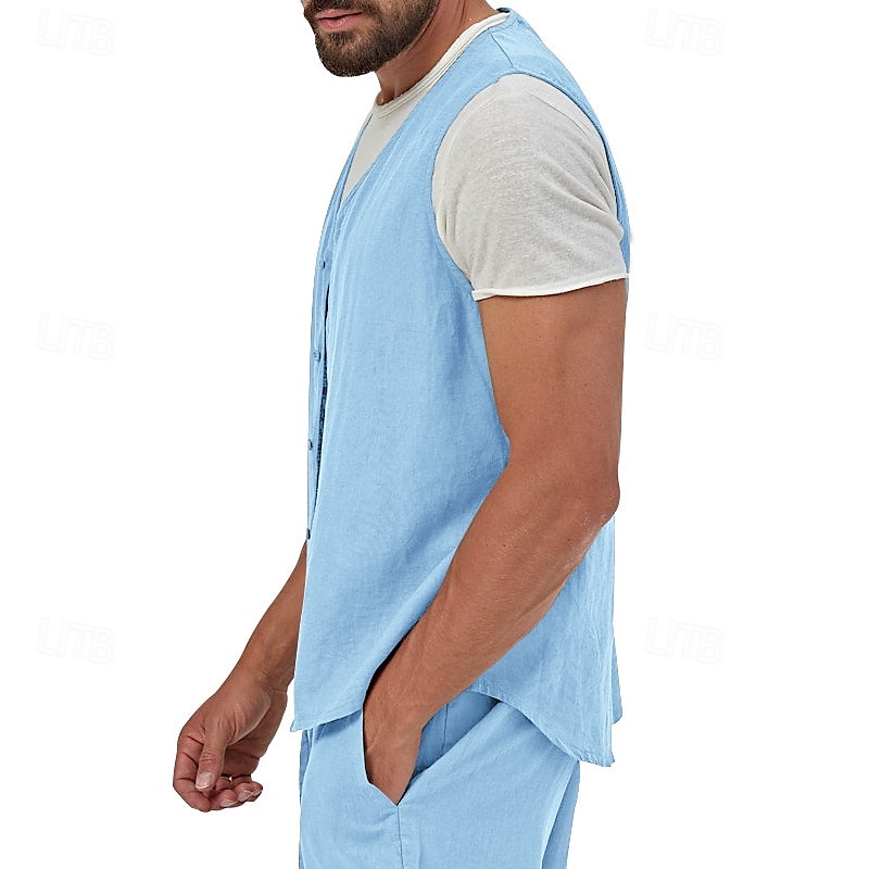 בגדי ריקוד גברים וסט Gilet אפוד פשתן חופשה יומי פגישה (דייט) אופנתי יום יומי קיץ אביב כפתורים כיס פשתן נוח אחיד חזה יחיד כפתור יחיד צווארון V רגיל שחור צהוב ירוק בהיר כחול נייבי אֵפוֹד 2025 - $23.99 –P17