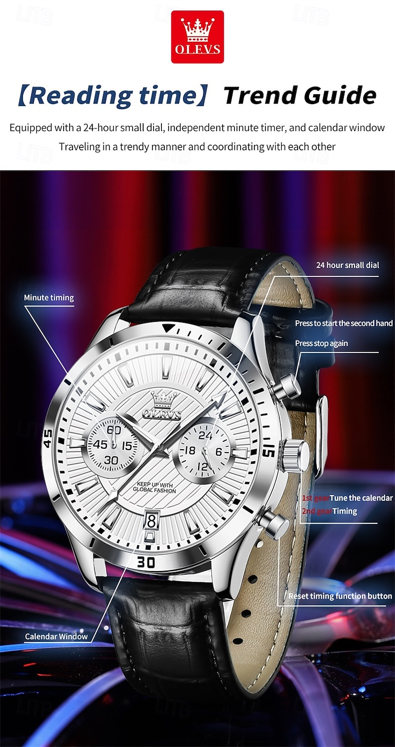 New Olevs Men'S Business Watch Chronograph Calendar 24-Hour Indicator Multi-Functional Quartz Watch Fashion Trend Waterproof Sports Watch 2025 - $35.99 –P4