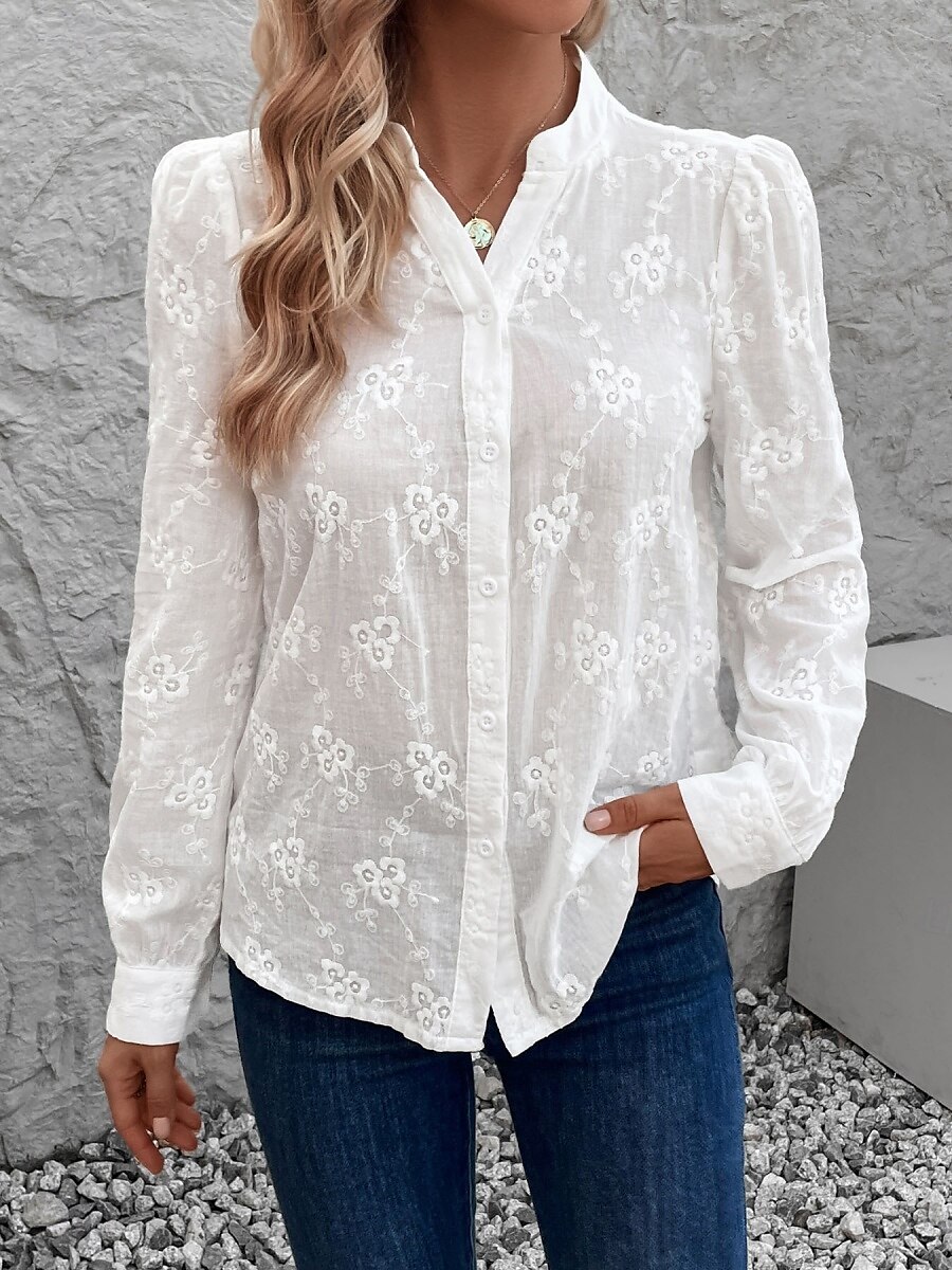 Damen Hemd Bluse Feste Farbe Stilvoll Brautkleider schlicht Langarm Gekerbter Hals Normale Oberteile Täglich Spitze Patchwork Weiß Sommer Frühling 2025 - $39.99 –P6