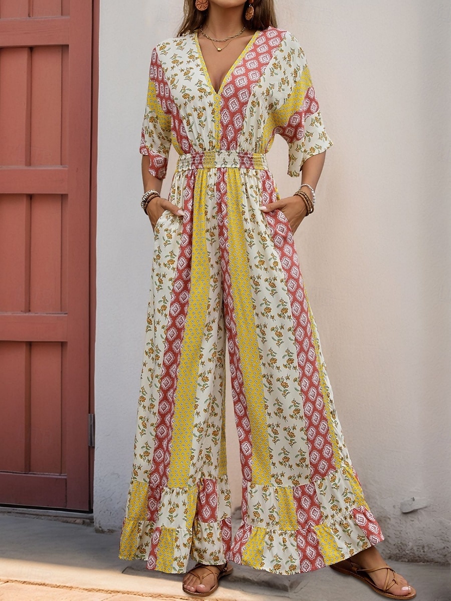 Damen Normal Jumpsuit Urlaub Blumen 3/4 Ärmel V Ausschnitt Hohe Taillenlinie Urlaub Täglich Regular Fit Gelb Sommer 2025 - $49.99 –P5