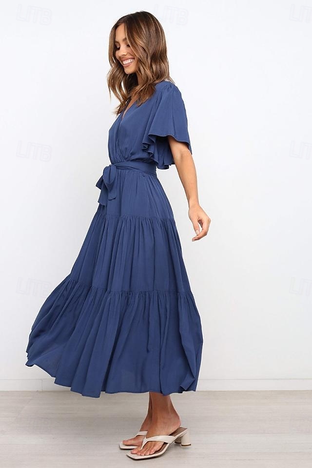 Damer Graduering Kjole Maxi Kjole Ensfarget A Linje Kjole Sommer Kjole Fest Klassisk Semi Formell Ferie Fest Arbeid Form Passform Grafisk Enkel Kort Erme V Utringning Svart Rosa Grønn Mørk Blå 2025 - $31.99 –P9