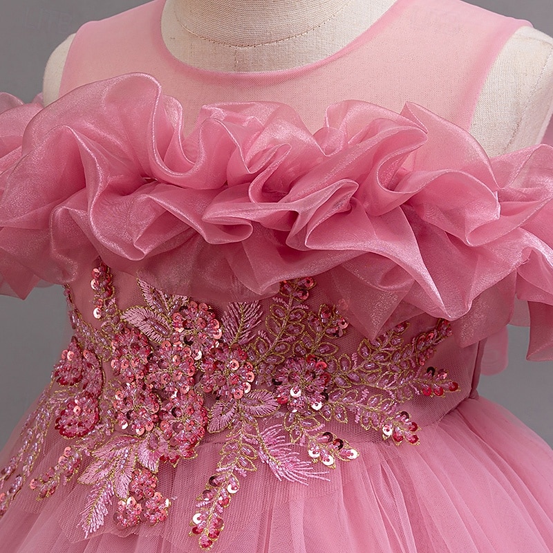 Blumenmädchenkleid Mädchen Formelle Kleidung Prinzessinenkleid Party Kleid Hochzeit Besondere Anlässe bezaubernd Süß Rüschen Zip Feste Farbe Kurzarm Rundhalsausschnitt Weiß Champagner 4-13 Jahre 2025 - $34.99 –P3