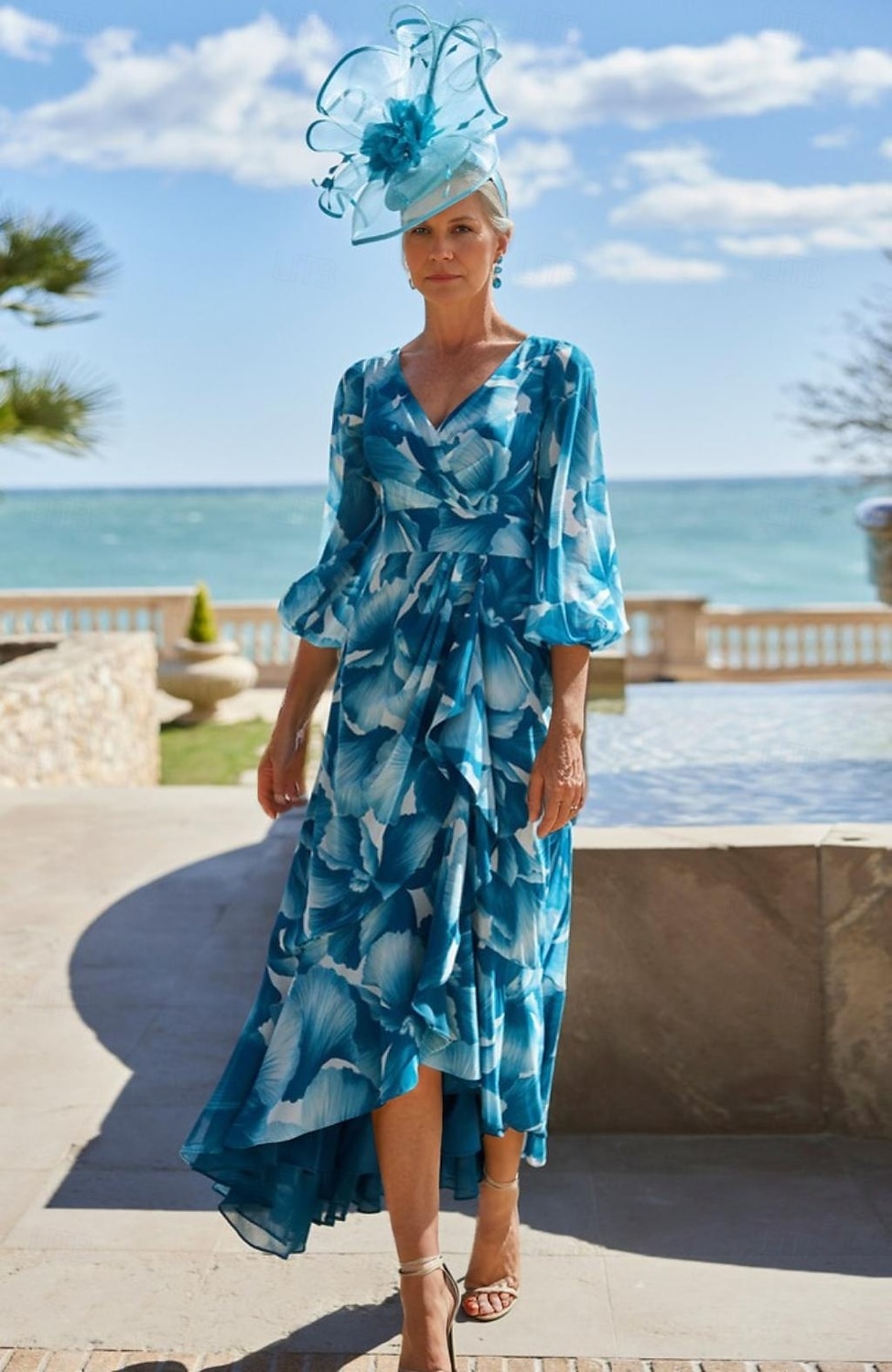 A-Line Mother of the Bride Dress Floral Print Elegant Simple Minimalist V Neck Floor Length Bubble Sleeve Chiffon with Pleats Race Day Dress Wedding Guest Dress 2025 - $154.99 –P1
