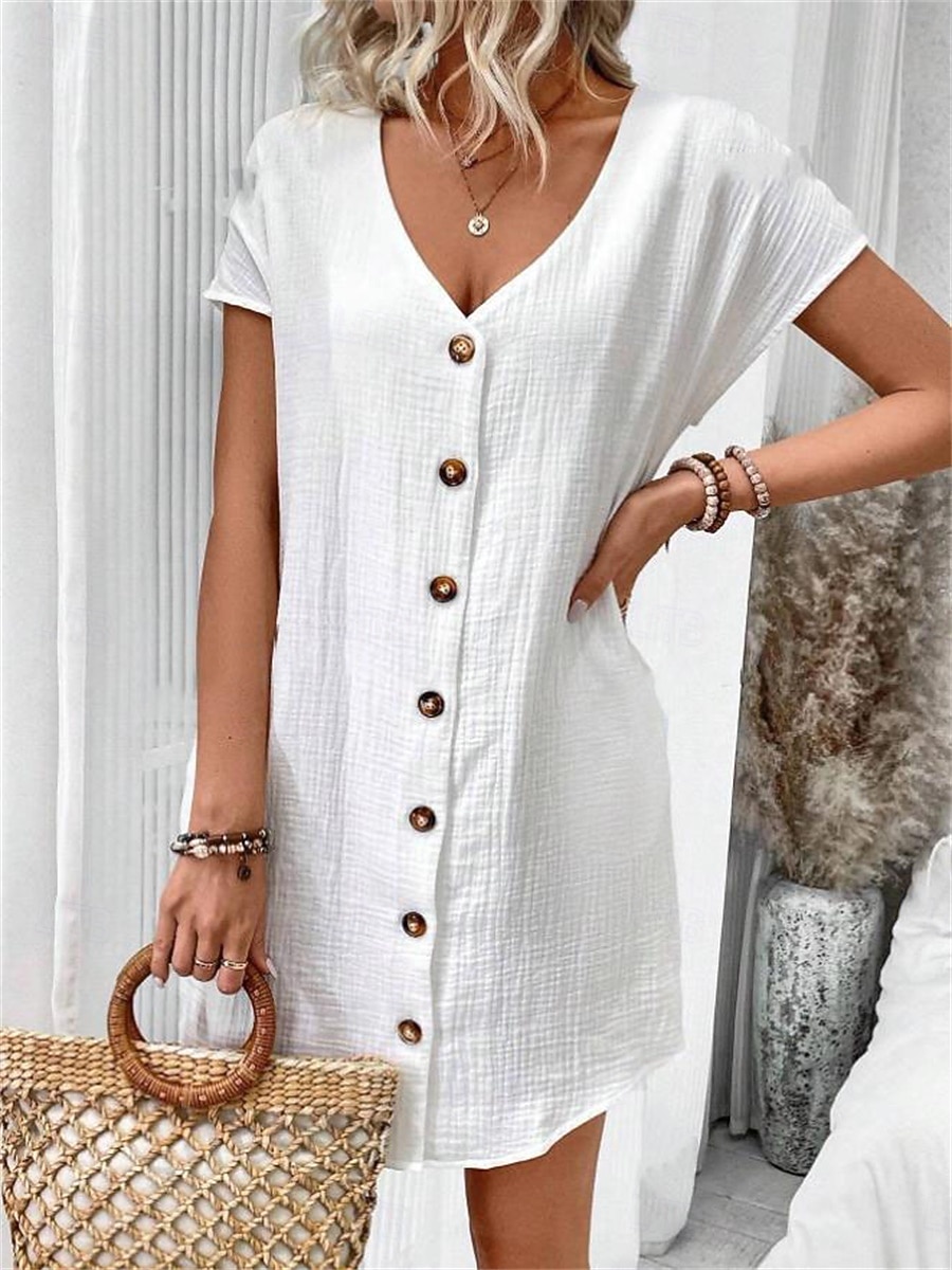 Women's Mini Dress Faux Cotton Linen Shift Dress Casual Dress Tank Dress Basic Casual Batwing Sleeve Casual Daily Vacation Loose Fit Plain Short Sleeve V Neck Black White Pink Green Summer Spring 2026 - $22.99 –P6