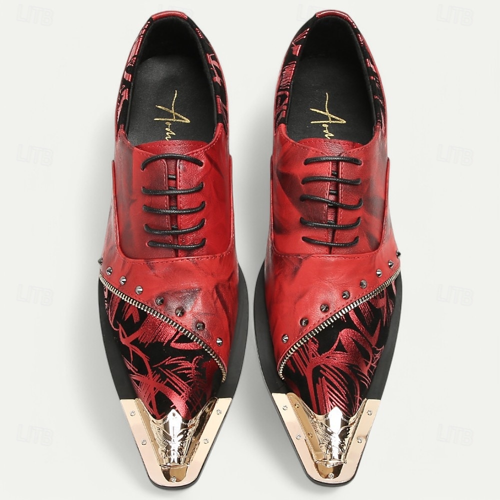 Zapatos de vestir de cuero rojo de primera calidad para hombre con estampado artístico y detalle de tachuelas: calzado formal elegante para ocasiones especiales 2025 - $109.99 -P5