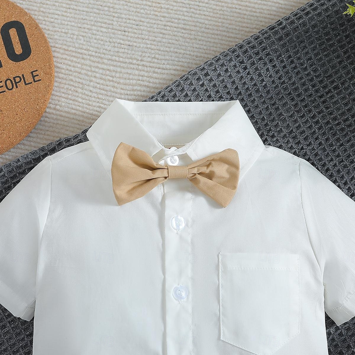 3 Pièces Costume de Porteur d'Alliance Garçon Enfants Bébé Chemise & Short Ecole Formel Soirée Mode Doux Couleur unie Col en V Blanche Coton de 2025 ? $23.99 –P1