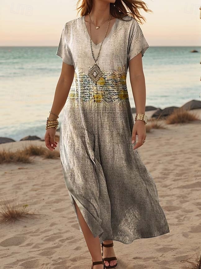 Damskie Sukienka maxi Codzienne sukienki Sukienka A line Elegancki Codzienny Urlop Codzienny Regularny Kwiaty Krótki rękaw W serek Khaki Lato Wiosna 2025 - $28.99 –P1