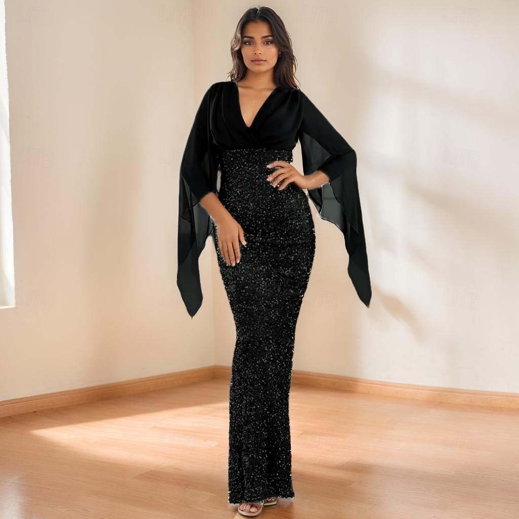 Meerjungfrau  Trompeten Abendkleid Elegantes Kleid Formelles Hochzeitsbodenlänges 3/4-Länge Ärmel V-Ausschnitt Chiffon mit Pailletten 2025 - $148.99 –P9