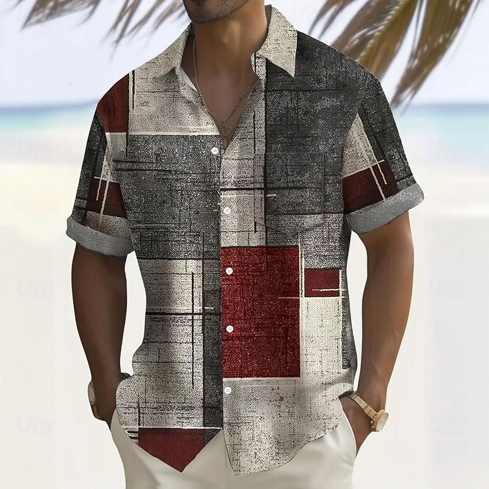 Pánské Geometrický Barevné bloky Slátanina Košile Košile na knoflíky Krátký rukáv Móda pro volný čas Streetwear Dovolená Léto Přehnutý 3D tisk košile s límečkem Jedna přední kapsa Šedá 2026 - $25.99 –P1