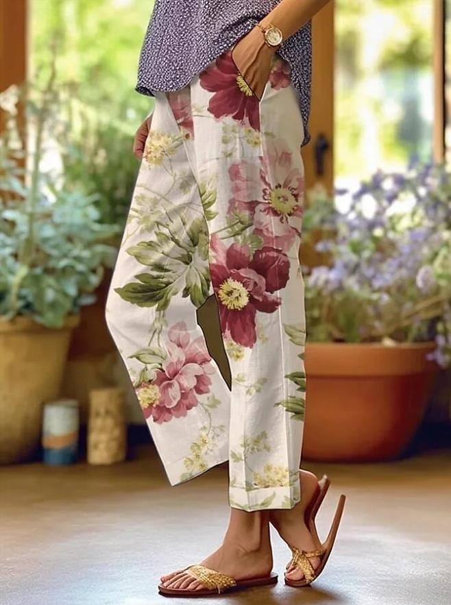Women's Cotton Linen Pants Baggy Pants Linen Like Active Vintage Fashion Full Length High Waist Floral Graphic Animal Printing Thermal Warm Breathable Soft Micro-elastic Outdoor Daily Rainbow 2025 - $32.99 –P1