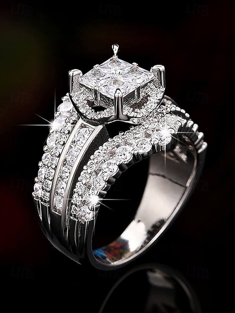 Juego de anillos de boda de lujo con circonita cúbica, bañados en plata, elegante joyería nupcial para mujer 2025 - $11.99 –P4