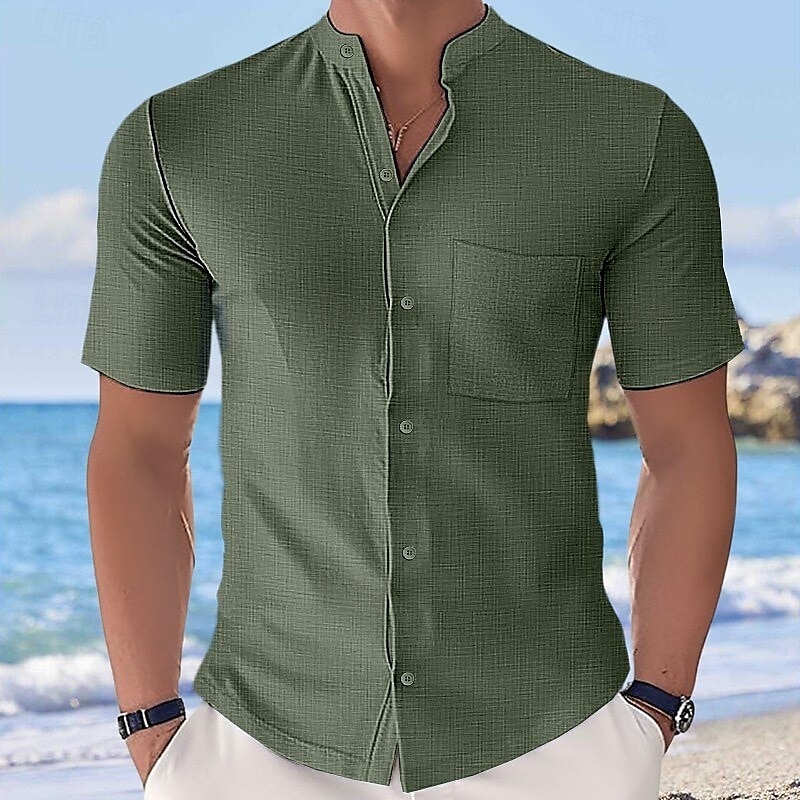 Men's Shirt Summer Shirt Casual Shirt Beach Shirt Button Up Shirt Black White Yellow Pink Sky Blue Short Sleeve Plain Grandad Collar Stand Collar Vacation Hawaiian Buttons Clothing Apparel Fashion 2025 - $21.99 –P1