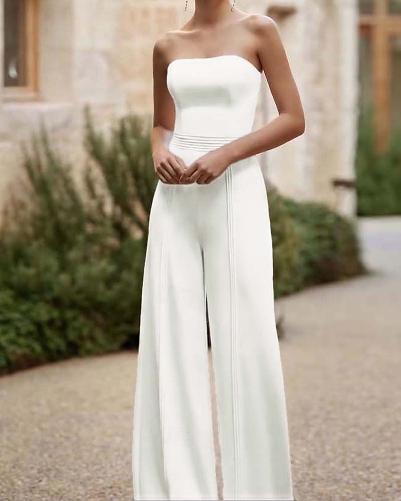 Bruidsjurken Jumpsuits Off Schouder Mouwloos Vloerlengte Rekbaar Stof Bruidsjumpsuit met Kant Bovenkant Effen Kleur 2025 - $196.99 –P2