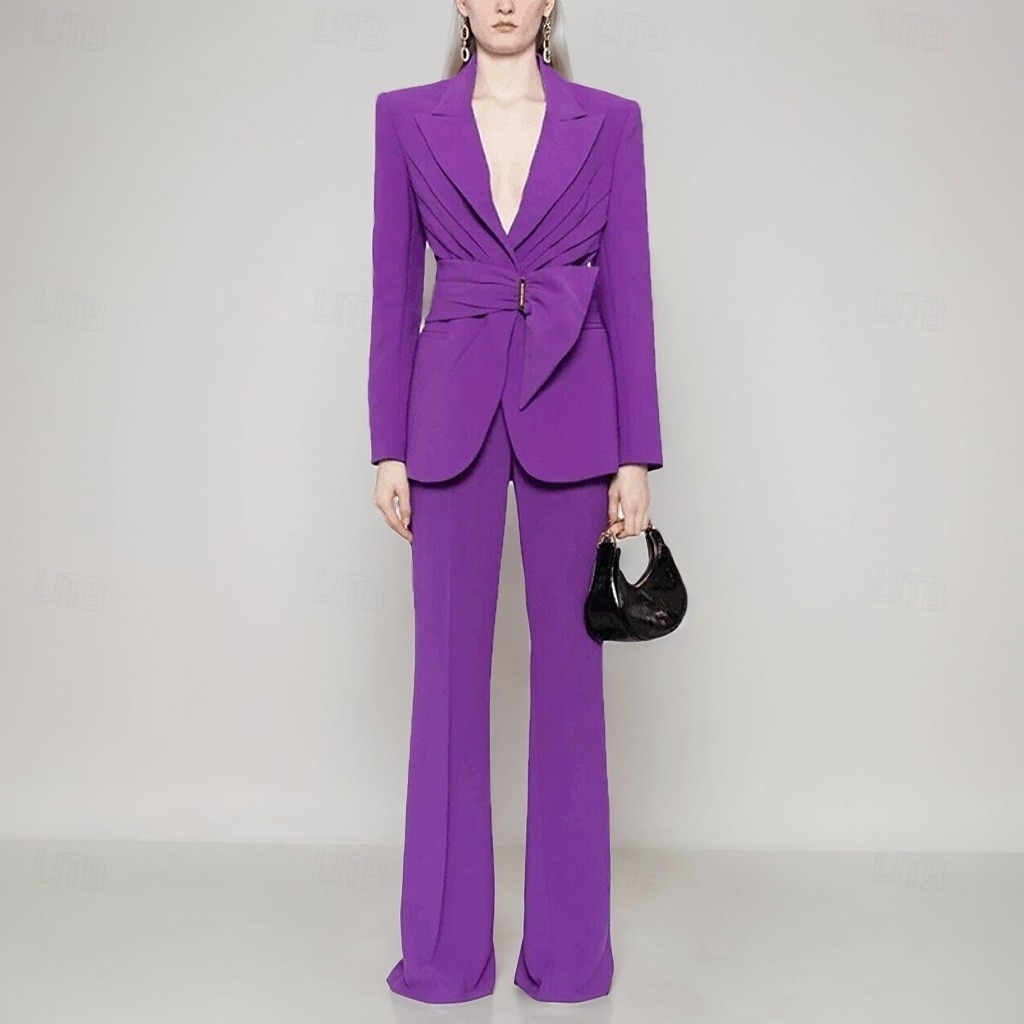 Completo madre della sposa a due pezzi elegante minimalista colletto camicia lunghezza al pavimento in tessuto elasticizzato manica lunga con volant colore solido 2025 del 2025 a $159.99 –P1