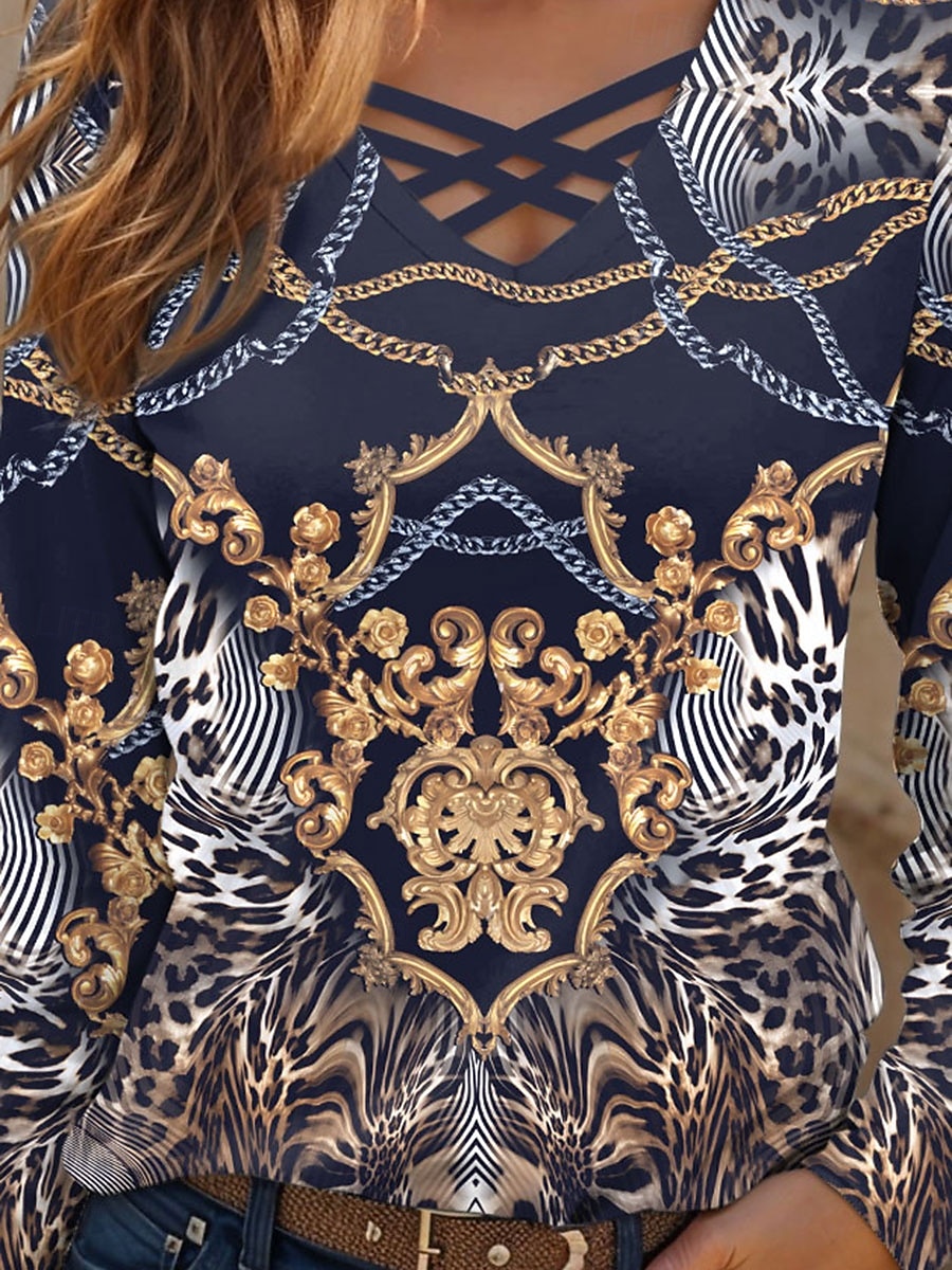 Femme T shirt Graphic Léopard Cachemire Décontractées manche longue Col V Hauts réguliers du quotidien Découpé Imprimer bleu marine Printemps Automne de 2025 ? $22.99 –P3