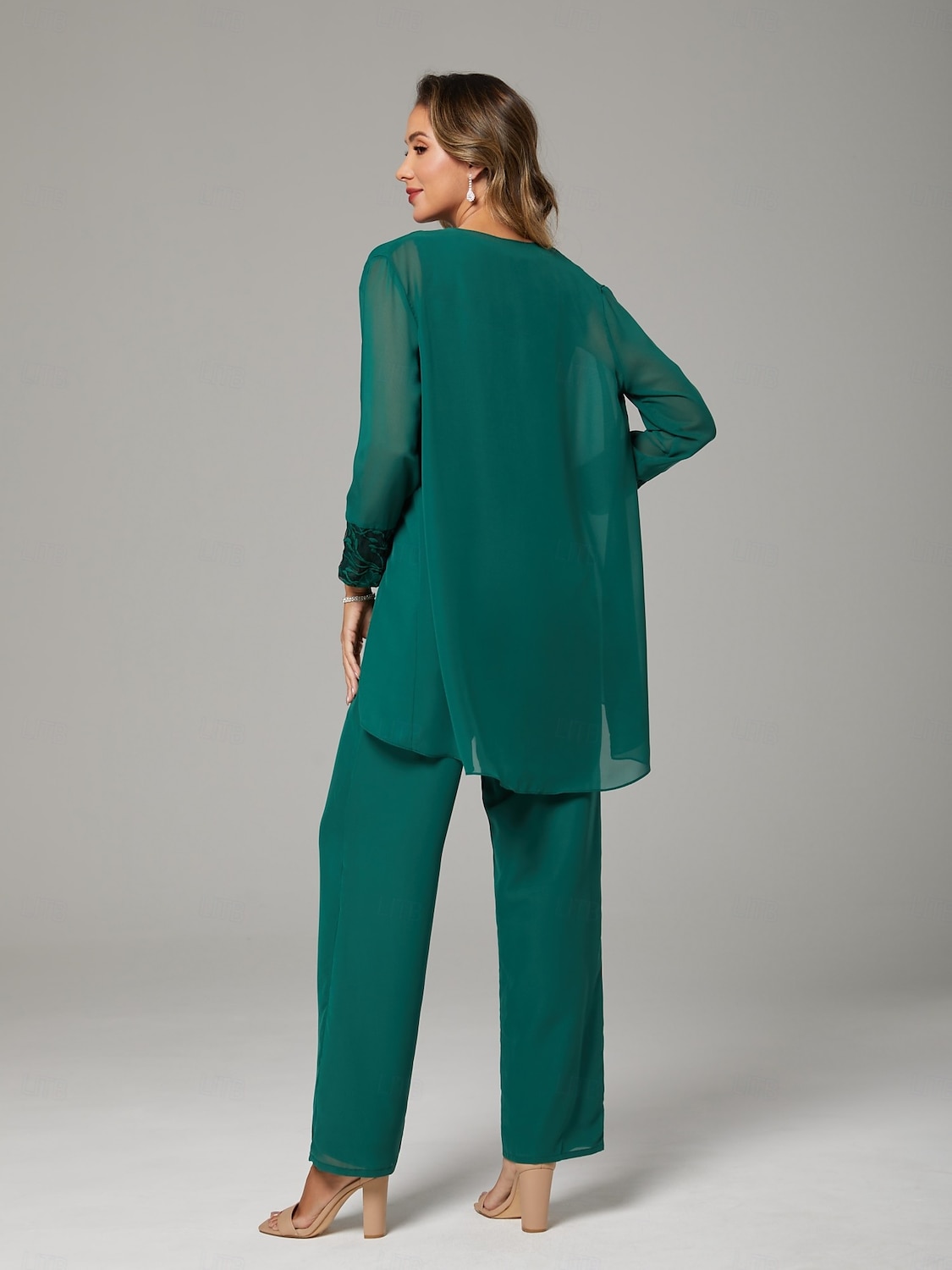 Jumpsuit / Pantsuit Mother of the Bride  Wrap Included Jewel Neck Floor Length Chiffon Lace 3/4 Length Sleeve with Beading 2025 - $176.99 –P2