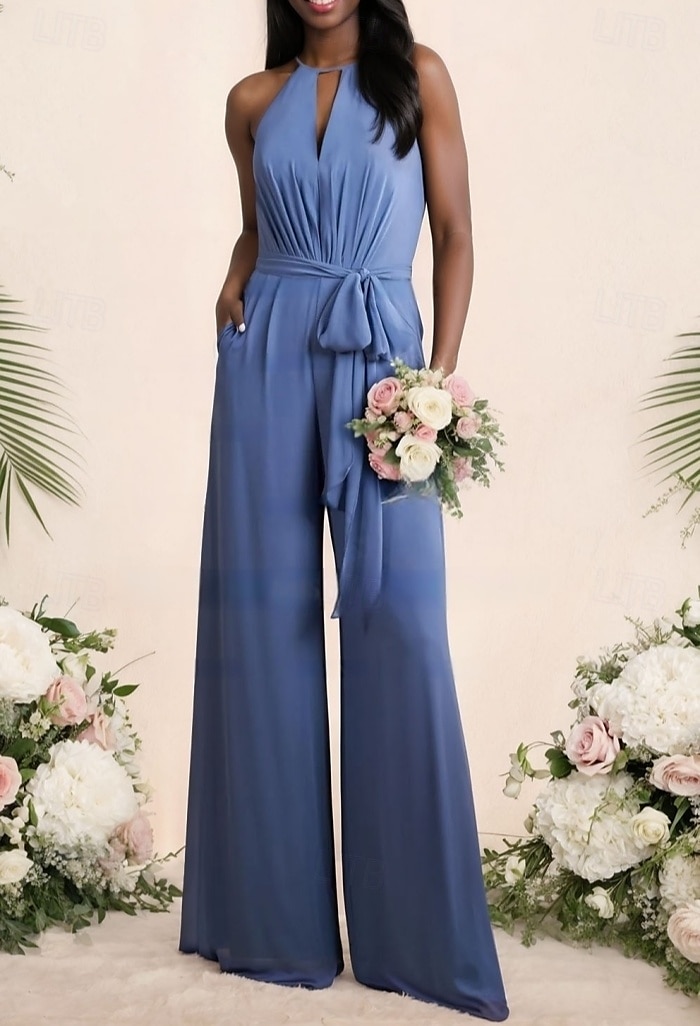 Jumpsuits Bridesmaid Dress Jewel Neck Sleeveless Elegant Floor Length Stretch Fabric with Sash / Ribbon / Ruching 2025 - $163.99 –P1