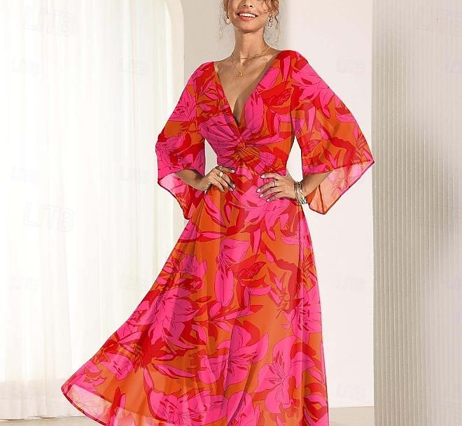 Dam Maxiklänning A linjeklänning Elegant Utsvängd ärm Bröllopsgäst Cocktailfest Normal Blommig 3/4 ärm V-hals Rubinrött Sommar 2025 - $59.99 –P2