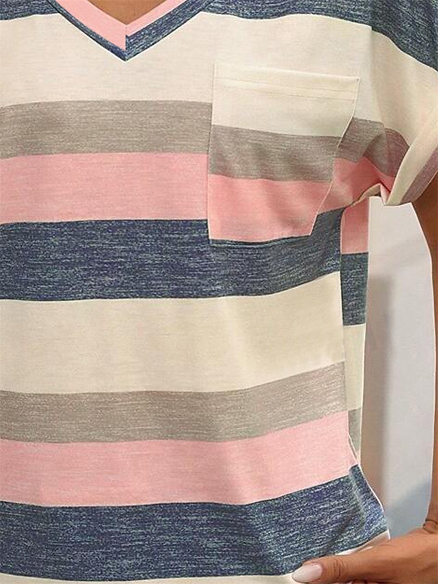 Women's T Shirt Striped Fashion Modern Casual Short Sleeve V Neck Regular Tops Daily Weekend Pink Wine Sky Blue Summer Spring 2025 - $21.99 –P7