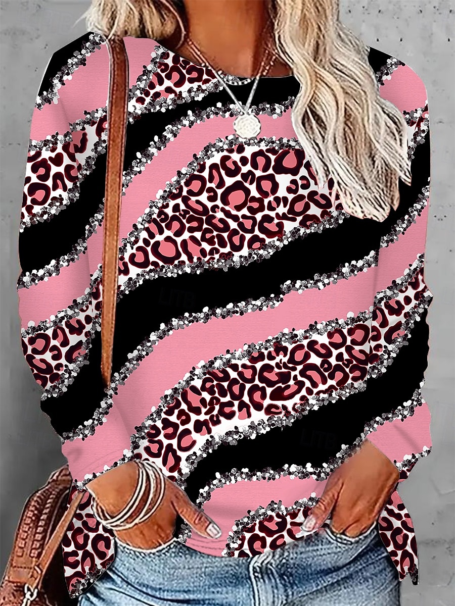 Pentru femei Tricou Leopard Dungi Casual Manșon Lung Stil Nautic Topuri obișnuite Zilnic Imprimeu Roz Îmbujorat Primăvară Toamnă 2025 - $22.99 –P1