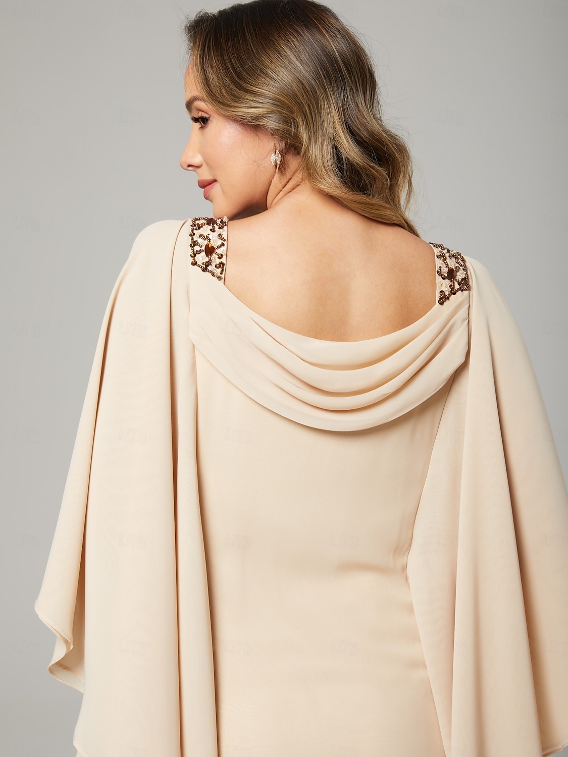 Rochie de mamă a miresei tip sheath  coloană elegantă mărime plus gât rotund lungime pe podea chiffon mânecă ½ cu mărgele volane în cascadă 2025 - $175.99 –P6