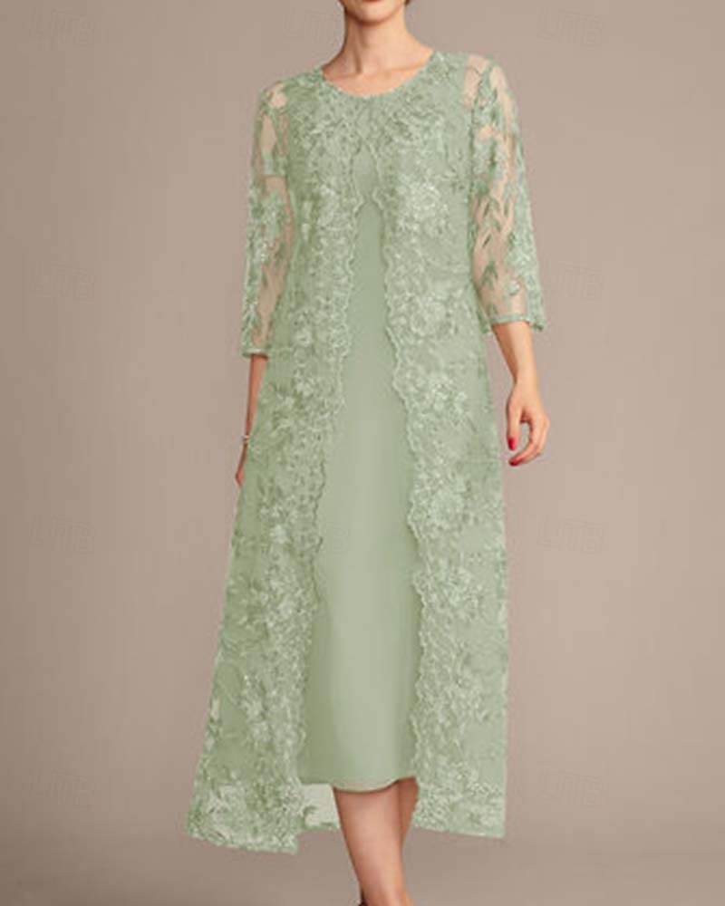 Conjunto de Vestido de Mãe da Noiva Elegante Vintage Simples Gola Redonda Comprimento Chá Chiffon Manga 3/4 Com Bordas em Cascata com Aplique de Renda Floral com Lantejoulas 2025 de 2025 por $191.99 –P6